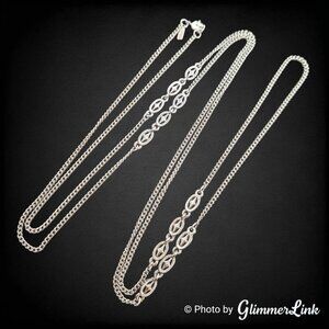 Vintage Monet Silver Tone Station Necklace 55" Curb Chain - Oval Starburst Links